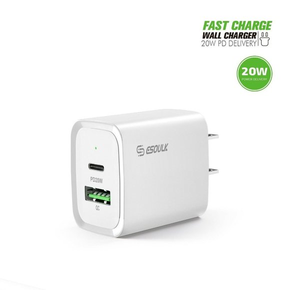 Esoulk White 20W Fast Charger Dual USB C Wall Charger iPhone13/12/X/Galaxy/Note - Picture 2 of 6